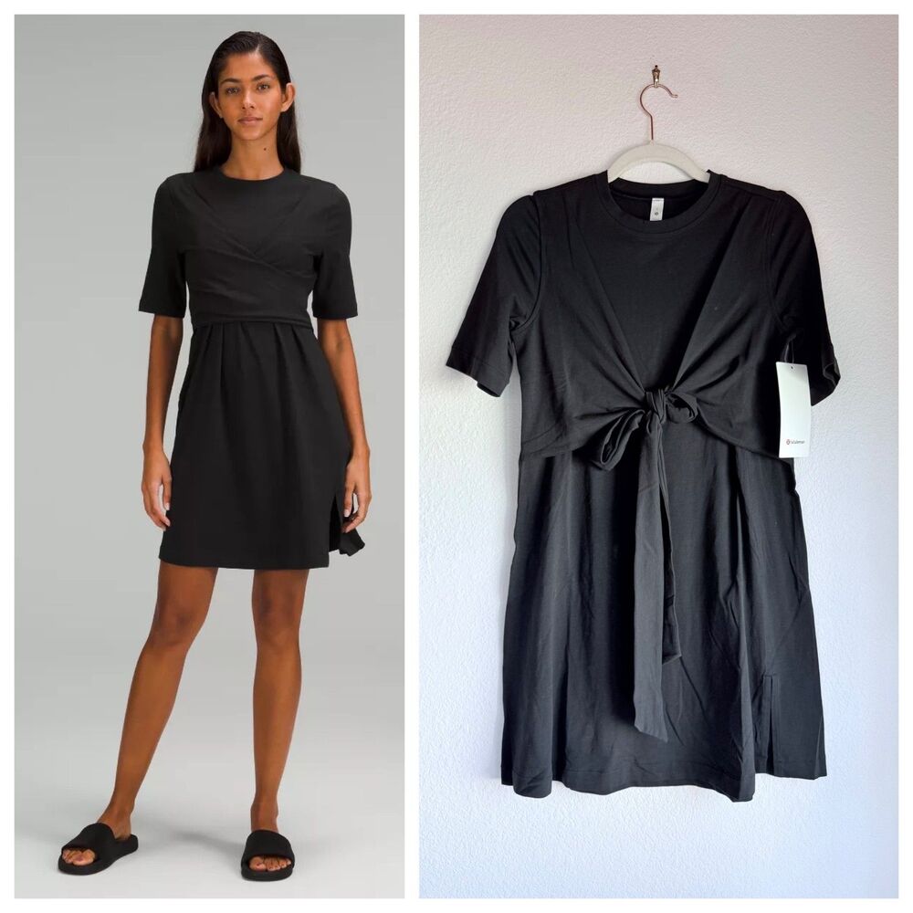 NWT Lululemon Women's Pima Cotton Wrap-Front T-Shirt Dress in Black Size 2